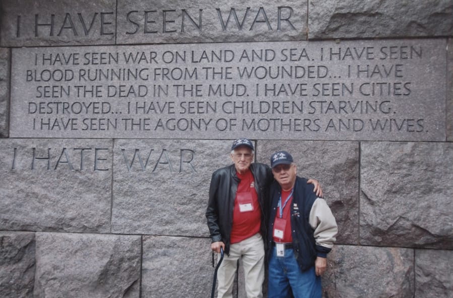Al Bauer, left, and Ed Barnes at the Franklin Delano Roosevelt Memorial in Washington, D.C., during an October Honor Flight.
