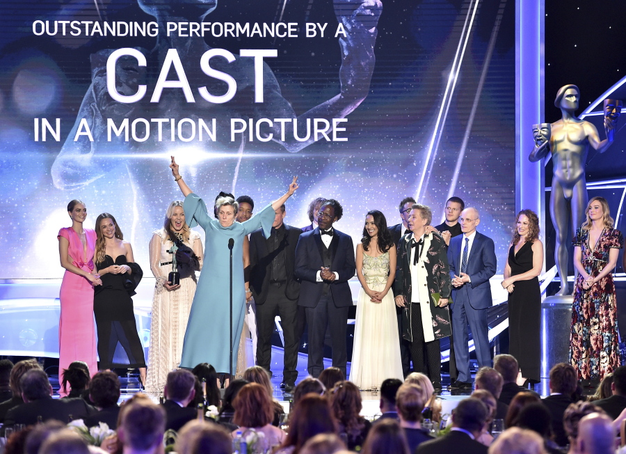Frances McDormand and the cast of “Three Billboards Outside Ebbing, Missouri” accept the award for outstanding performance by a cast in a motion picture Sunday at the 24th annual Screen Actors Guild Awards at the Shrine Auditorium & Expo Hall in Los Angeles.