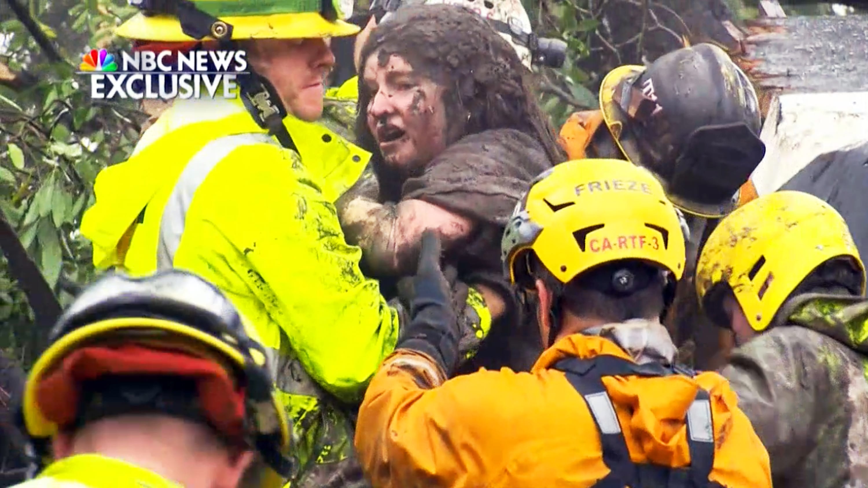 This frame from video provided by NBC News shows the rescue of a 14-year-old girl from the wreckage of a home after heavy rains trapped dozens of people in Montecito, Calif., Tuesday, Jan. 9, 2018. The girl's name was not immediately available. Several homes were swept away before dawn Tuesday when mud and debris roared into neighborhoods in Montecito from hillsides stripped of vegetation during the Thomas wildfire.