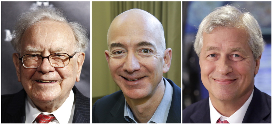This combination of photos from left shows Warren Buffett on Sept. 19, 2017, in New York, Jeff Bezos, CEO of Amazon.com, on Sept. 24, 2013, in Seattle and JP Morgan Chase Chairman and CEO Jamie Dimon on July 12, 2013, in New York. Buffett’s Berkshire Hathaway, Amazon and the New York bank JPMorgan Chase are teaming up to create a health care company announced Tuesday, Jan.