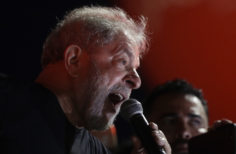 Former Brazilian President Luiz Inacio Lula da Silva speaks during a rally with his supporters in Sao Paulo, Brazil, Wednesday, Jan. 24, 2018. Appellate court judges have voted to uphold a graft conviction against da Silva, raising the specter that the former leader won’t be able to run for Brazil’s top job despite holding a lead in the polls.