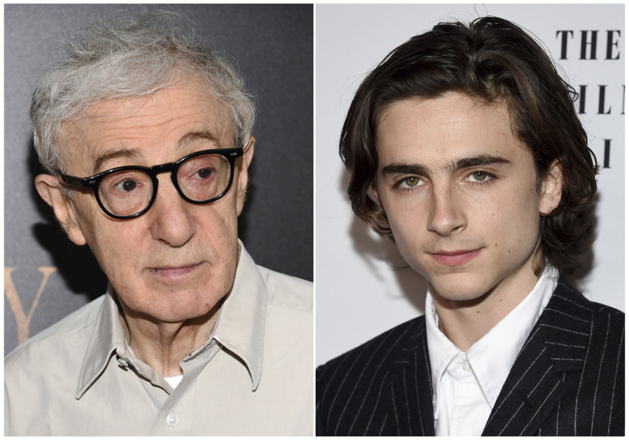 Director Woody Allen at the premiere of “Cafe Society in New York in 2016, left, and Timothee Chalamet at the New York Film Critics Circle Awards on Jan. 3 in New York. A growing number of actors are distancing themselves from Allen, heightening questions about the future of the prolific 82-year-old filmmaker in a Hollywood newly sensitive to allegations of sexual misconduct. Chalamet said he’ll donate his salary for an upcoming Woody Allen film to charities fighting sexual harassment and abuse. The breakout star of “Call Me By Your Name” announced Tuesday on Instagram that he didn’t want to profit from his work on Allen’s “A Rainy Day in New York,” which wrapped shooting in the fall.