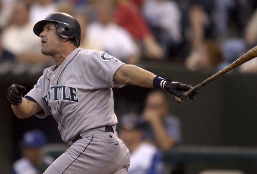 FILE - In this May 27, 2003, file photo, Seattle Mariners’ Edgar Martinez hits a three-run home run against the Kansas City Royals in the third inning of a baseball game in Kansas City, Mo. Chipper Jones, Jim Thome and Vladimir Guerrero appear likely to be elected to the Baseball Hall of Fame on Wednesday, Jan. 24, 2018, and Martinez and Trevor Hoffman figure to be close to the necessary 75 percent.