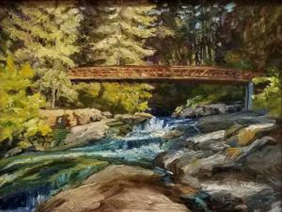 Anna Norris’ oil painting, “LaCamas Lower Falls Bridge,” is one of many pieces of art displayed through the end of January at the Attic Gallery in downtown Camas.