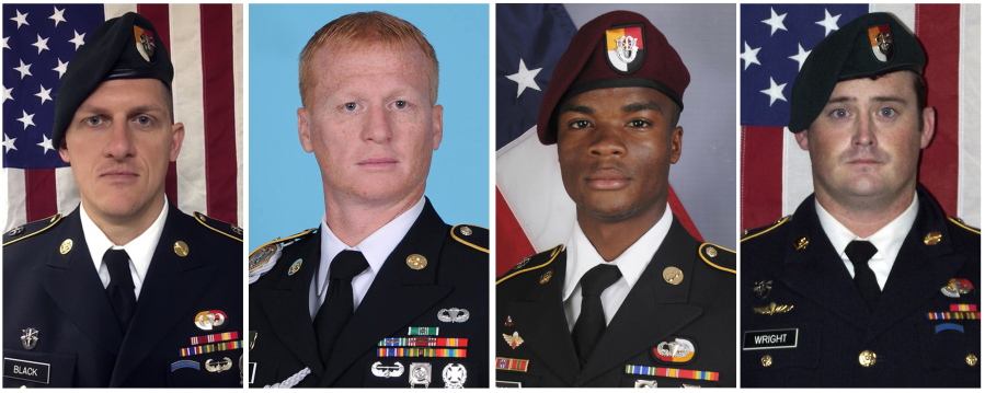 FILE - These images provided by the U.S. Army show, from left, Staff Sgt. Bryan C. Black, 35, of Puyallup, Wash.; Staff Sgt. Jeremiah W. Johnson, 39, of Springboro, Ohio; Sgt. La David Johnson of Miami Gardens, Fla.; and Staff Sgt. Dustin M. Wright, 29, of Lyons, Ga. All four were killed in Niger, when a joint patrol of American and Niger forces was ambushed on Oct. 4, 2017, by militants believed linked to the Islamic State group. The Mauritanian Nouakchott News Agency reported Friday, Jan. 12, 2018 that Abu al-Walid al-Sahrawi with the self-professed IS affiliate claimed responsibility for the Oct. 4 ambush about 120 miles (200 kilometers) north of Niger’s capital, Niamey. (U.S.