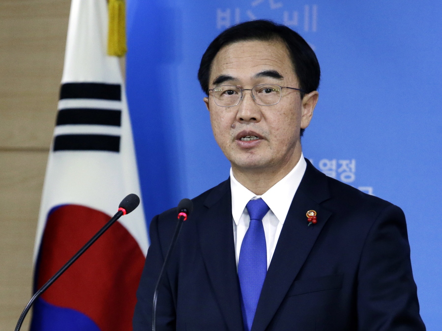 South Korean Unification Minster Cho Myoung-gyon speaks during a press conference at the government complex in Seoul, South Korea, on Tuesday. Cho on Tuesday offered high-level talks with rival North Korea meant to find ways to cooperate on the Winter Olympics set to begin in the South next month.