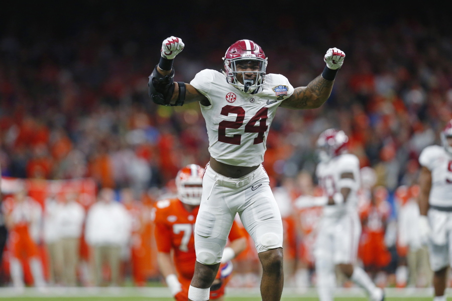 Alabama linebacker Terrell Lewis (24) reacts after nearly intercepting a pass in the second half of the Sugar Bowl semi-final playoff game against Clemson for the NCAA college football national championship, in New Orleans, Monday, Jan. 1, 2018.