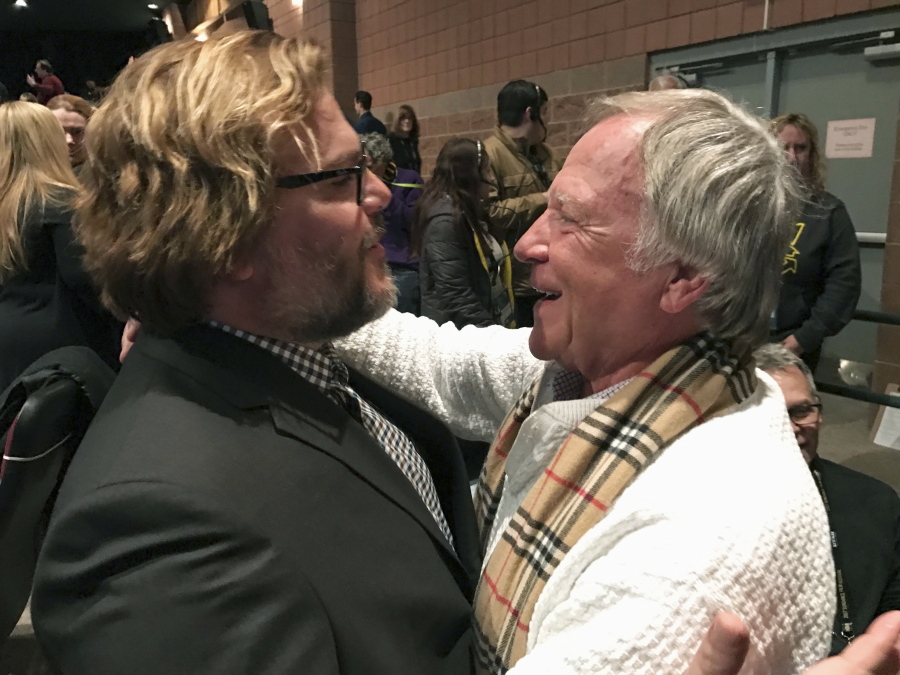 Jan Lewandowski, right, better known as Jan Lewan, embraces actor and comedian Jack Black at the Jan. 22 premiere of “The Polka King” at the Sundance Film Festival in Park City, Utah. Lewandowski’s rise and fall is the subject of “The Polka King,” a comedy starring Black as the polka bandleader convicted of fleecing fans of millions of dollars.