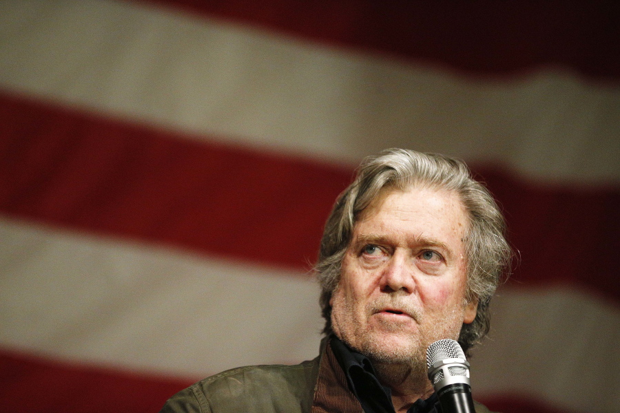 Former White House strategist Steve Bannon speaks during a Senate hopeful Roy Moore campaign rally in Fairhope Ala. The House Intelligence Committee is poised to question Bannon, the onetime confidant to President Donald Trump, following his spectacular fall from power after accusing the president’s son and others of “treasonous” behavior for taking a meeting with Russians during the 2016 campaign. Bannon is scheduled to testify before the panel on Tuesday, Jan. 16, 2018, according to a person familiar with the committee’s plans.