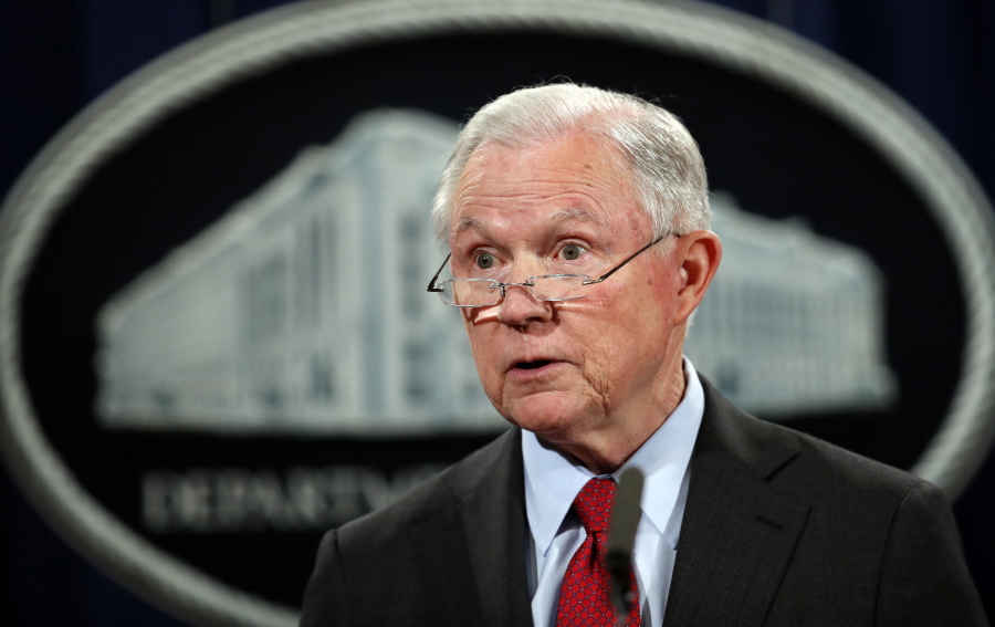 United States Attorney General Jeff Sessions speaks during a news conference at the Justice Department in Washington. Justice Department spokesman Ian Prior said Tuesday that Sessions has been interviewed in special counsel Robert Mueller’s Russia investigation.