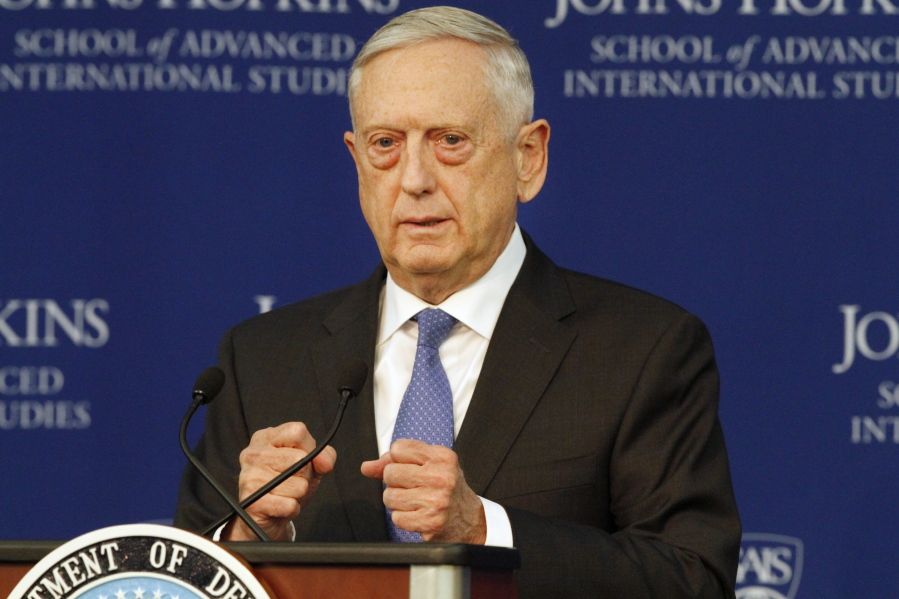 Defense Secretary James Mattis speaks about the National Defense Review on Friday in Washington. China’s expanding military and an increasingly aggressive Russia are among the U.S. military’s top national security priorities, the Pentagon said Friday.