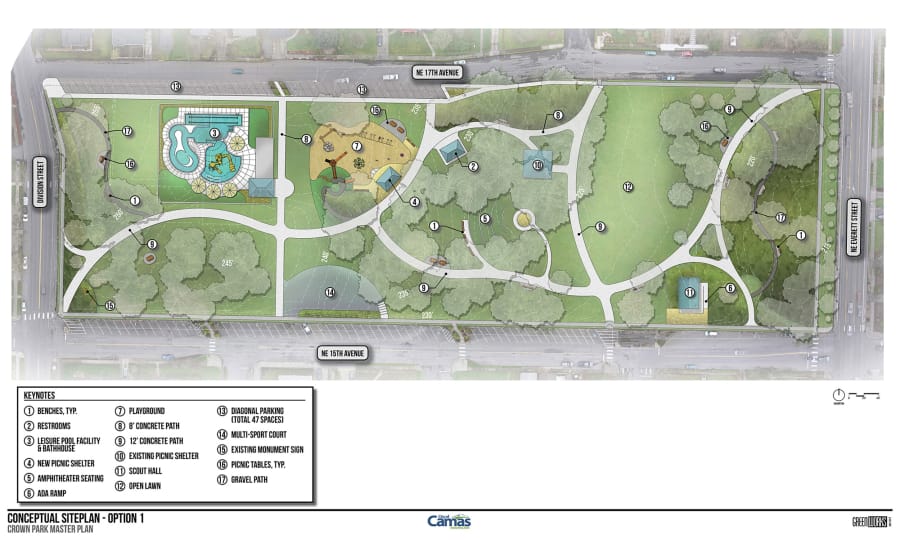 Option one for a new conceptual design at Crown Park in Camas, featuring a new outdoor leisure pool, additional parking spots and interactive playground.