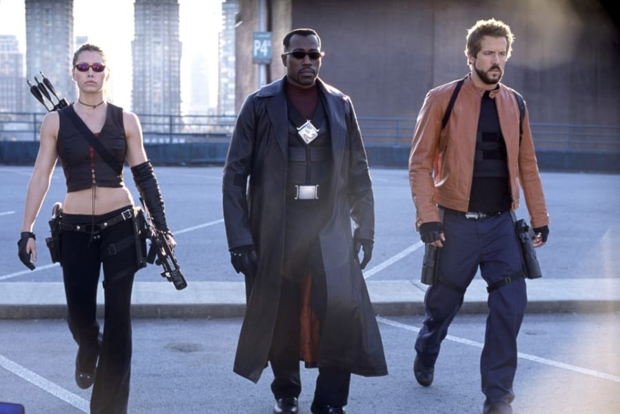 Jessica Biel, Wesley Snipes, center, and Ryan Reynolds star in “Blade: Trinity.” Diyah Pera/New Line Productions