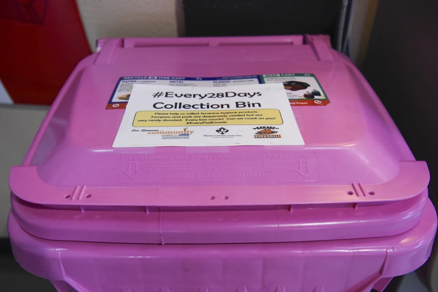 A #Every28Days donation bin is seen inside The Garage Bar and Grille in Vancouver on February 24, 2017. The business is currently collecting feminine hygiene donations for Share. Share is aiming to collect enough to provide pads and tampons to all their women for a year.