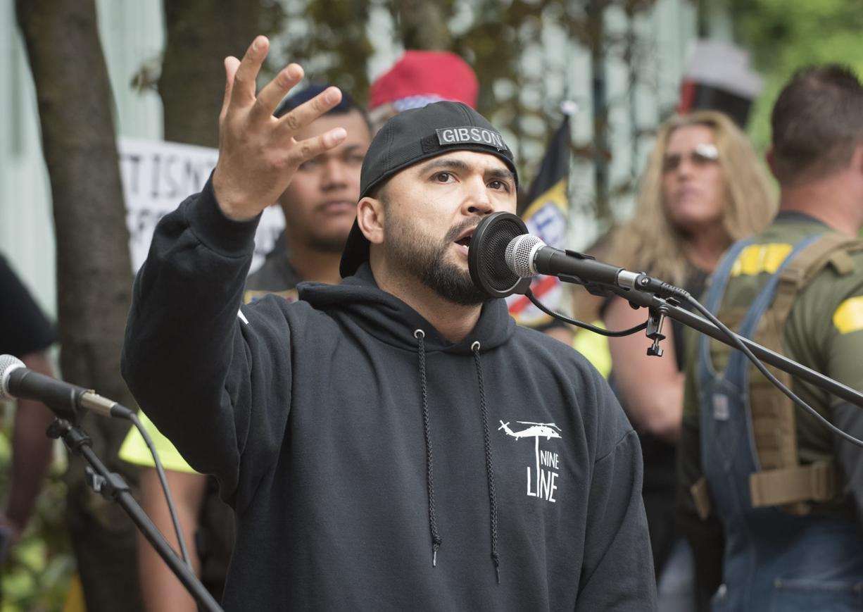 Local conservative-libertarian activist Joey Gibson speaks during a rally in Portland, Oregon, Sunday June 4, 2017.