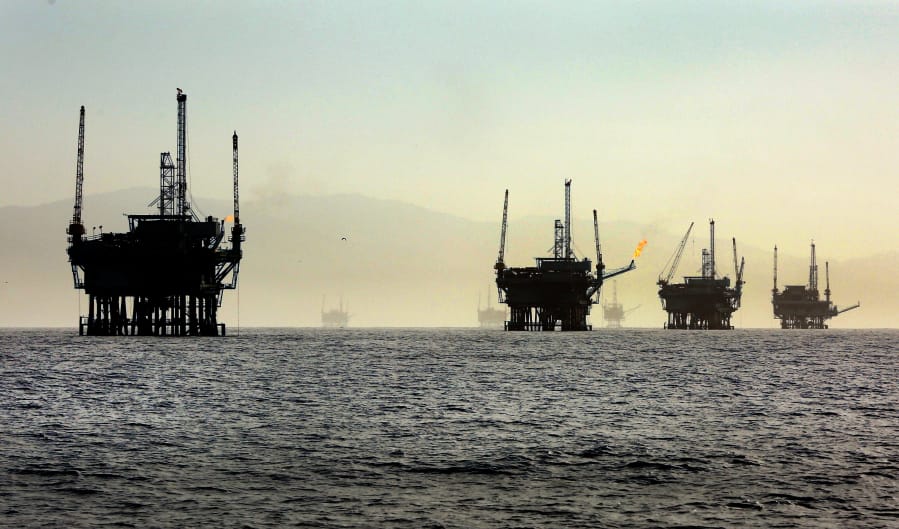A line of offshore oil rigs in the Santa Barbara Channel in March 2015.
