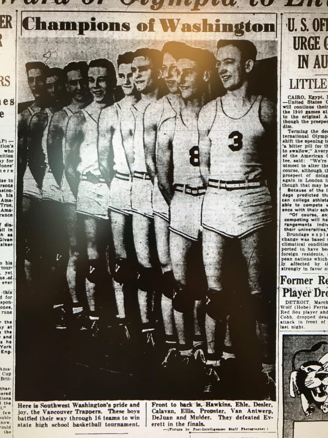 A picture of the 1938 Vancouver High School basketball team appeared in The Columbian.