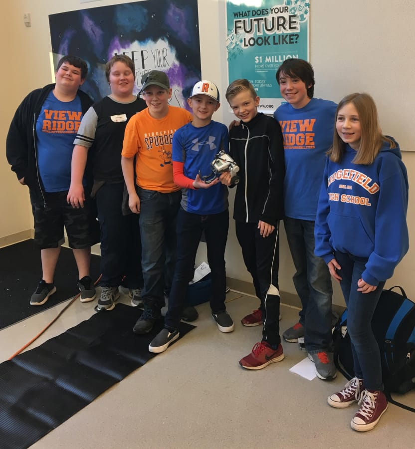 Ridgefield: The Squishies were one of two View Ridge Middle School’s two robotics teams that participated in a Lego league robotics competition in Olympia. From left: William Sowders, Jud Kennedy, Carter Long, Cayden Lauder, Kaison Apol, Liam Rapp and Isabelle Sheley. Christian Duquette, who is not pictured, is also part of the team.