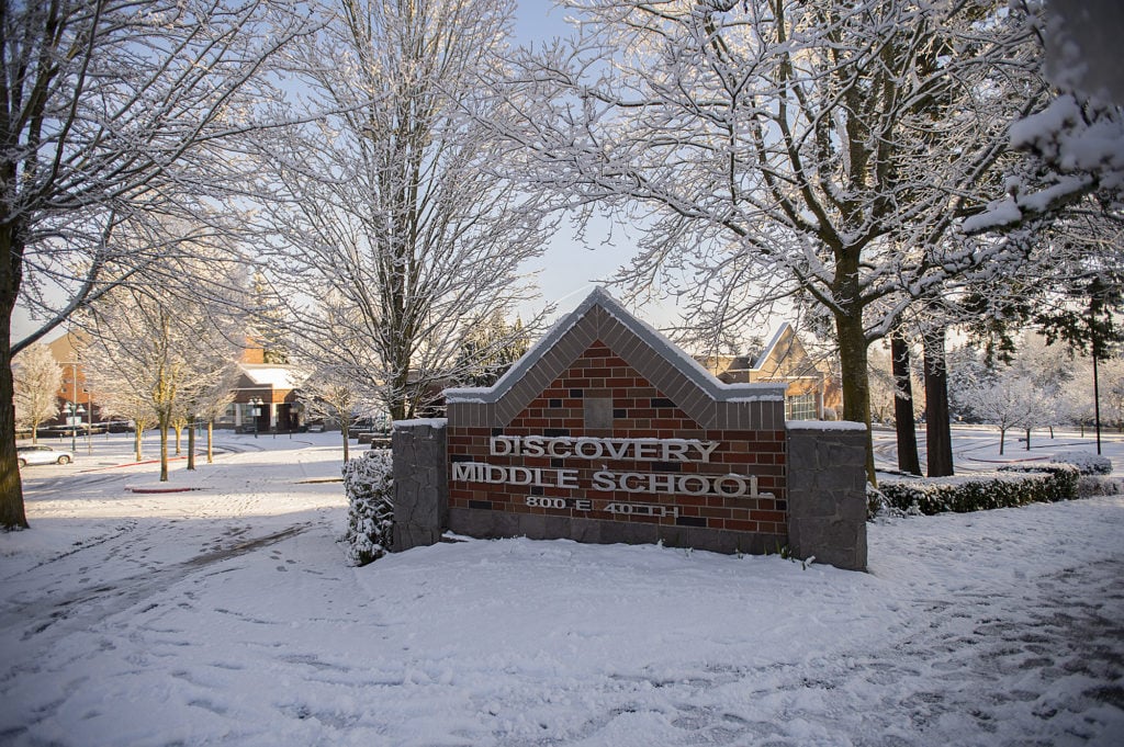 Discovery Middle School is seen in the snow as winter weather closes Vancouver area schools Wednesday morning, Feb. 21, 2018.