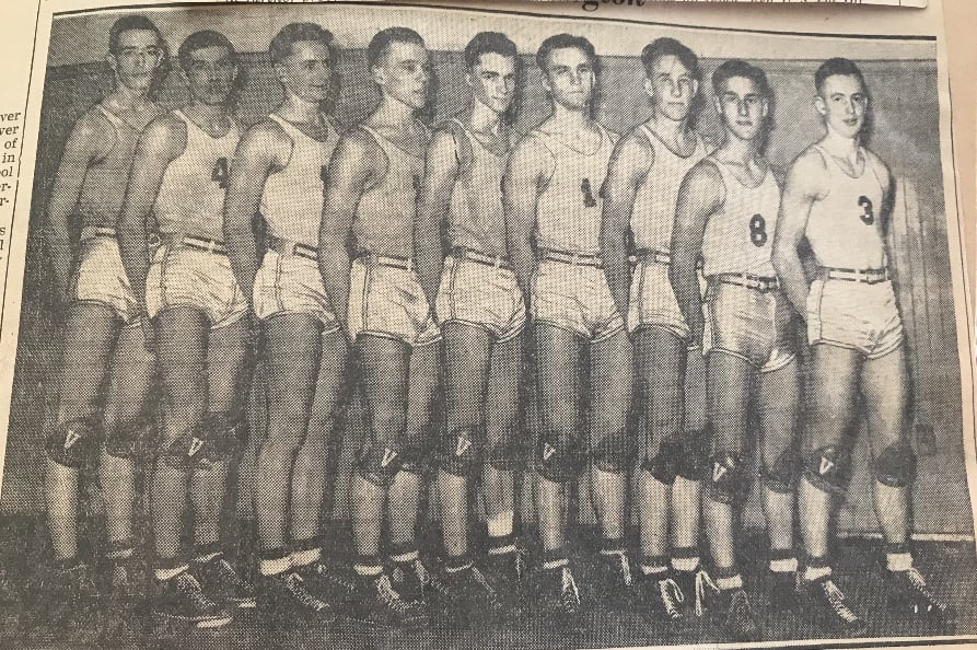 The team photo of the 1938 Vancouver Trappers after defeating Everett, 42-24, in the state title game at Washington Athletic Pavilion on March 19, 1938. Vancouver went 25-5 that season.
