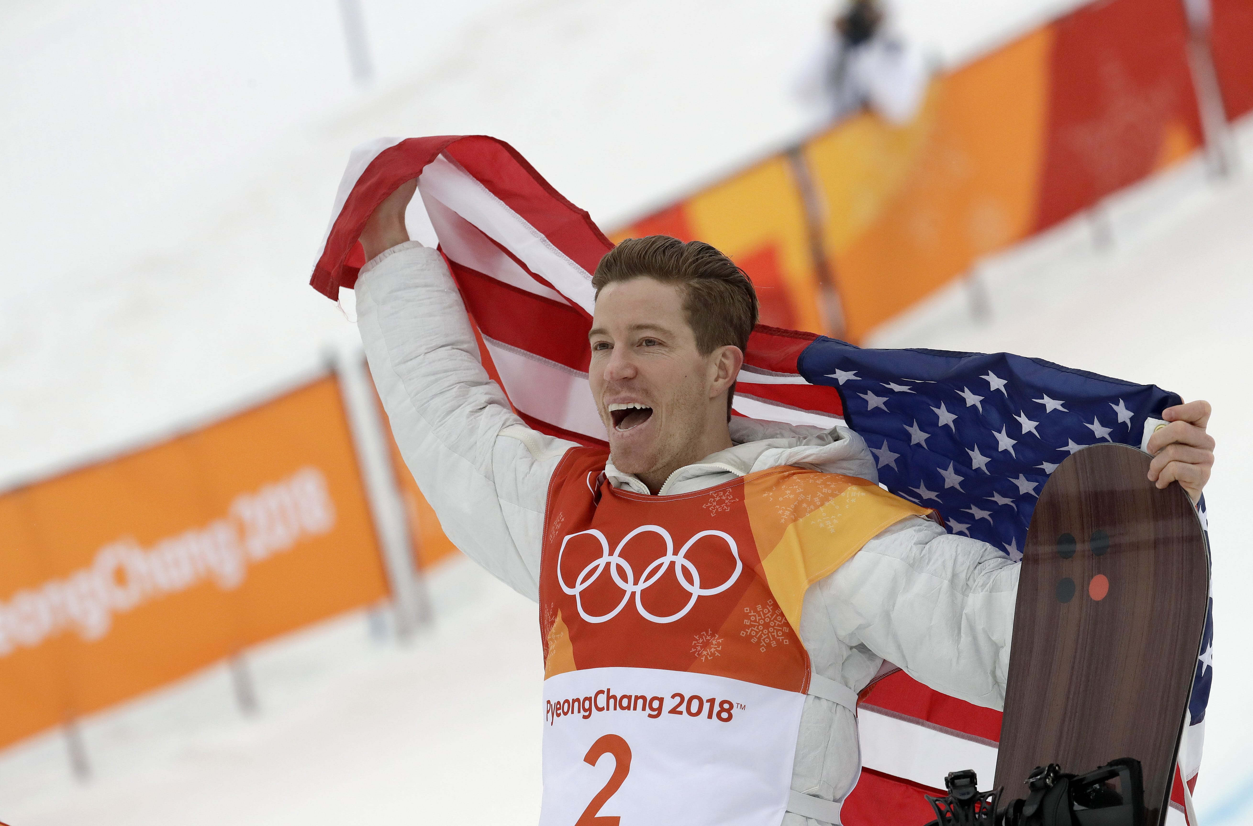 Shaun White, of the United States, reacts to winning gold during the men's halfpipe finals at Phoenix Snow Park at the 2018 Winter Olympics in Pyeongchang, South Korea, Wednesday, Feb. 14, 2018.