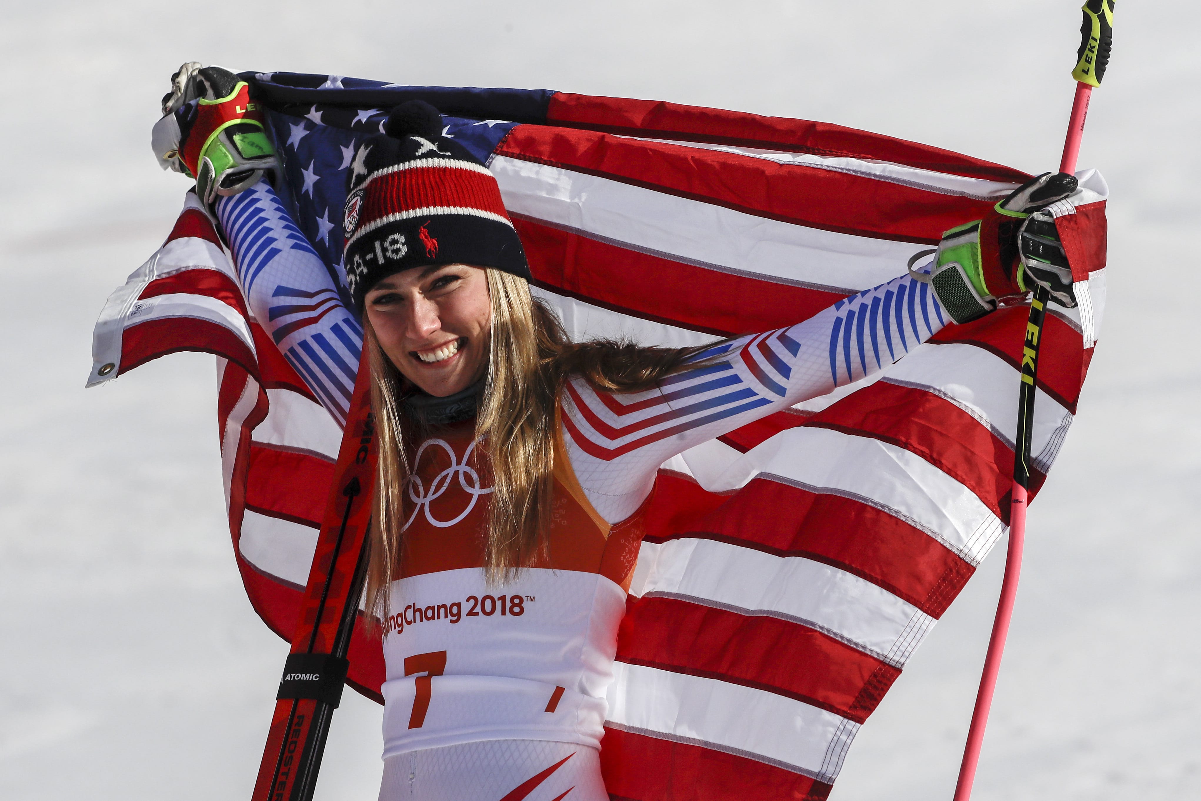 Mikaela Shiffrin, of the United States, celebrate her gold medal during the venue ceremony at the Women's Giant Slalom at the 2018 Winter Olympics in Pyeongchang, South Korea, Thursday, Feb. 15, 2018.