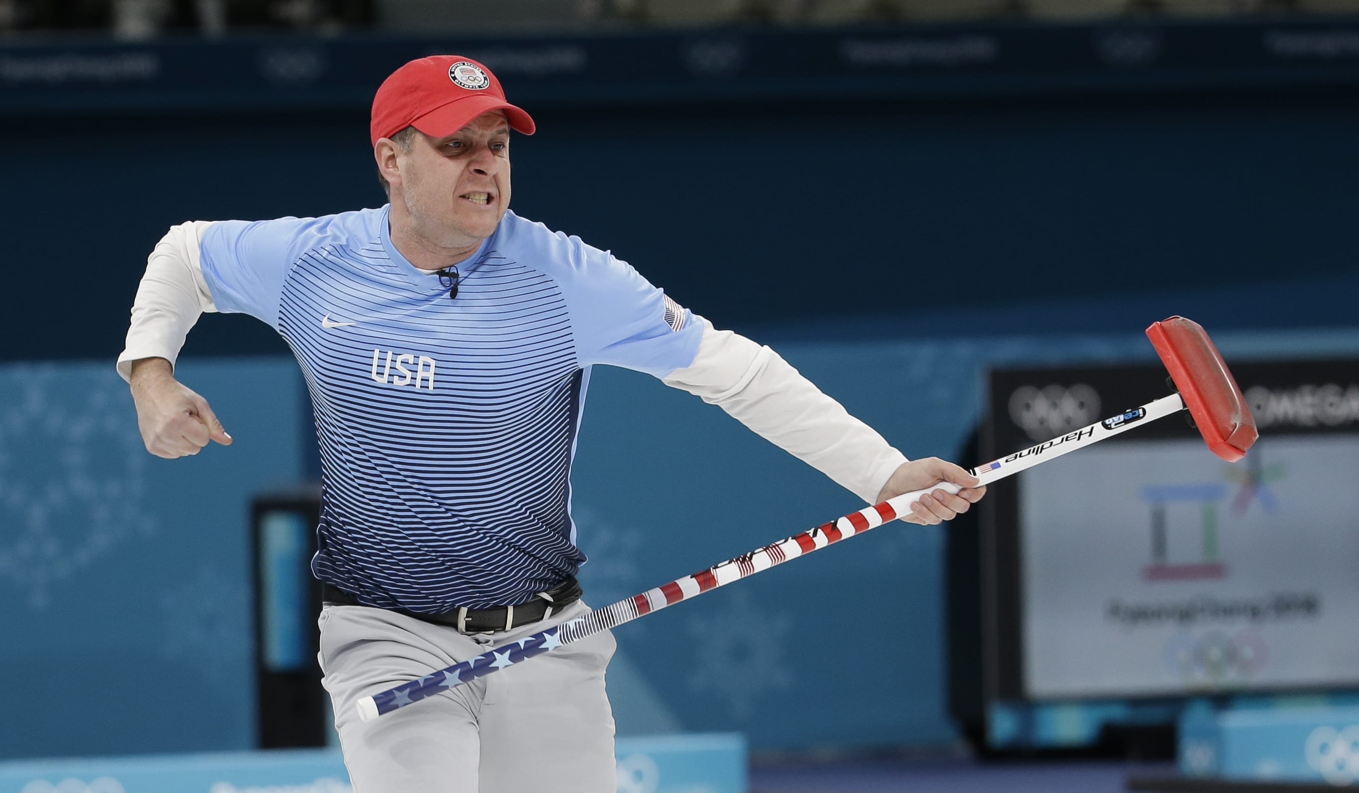 United States's skip John Shuster reacts during the men's final curling match against Sweden at the 2018 Winter Olympics in Gangneung, South Korea, Saturday, Feb. 24, 2018.