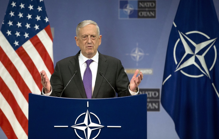 U.S. Secretary for Defense Jim Mattis addresses a media conference after a meeting of NATO defense ministers at NATO headquarters in Brussels on Thursday, Feb. 15, 2018.
