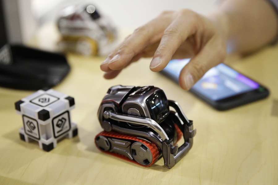 Anki Cozmo coding robot is on display Jan. 10 at CES International in Las Vegas. Cozmo, which debuted in 2016, now comes with an app called Code Lab that allows kids to drag and drop blocks of code that control its movements. They can even access facial and object recognition functions enabled by Cozmo’s front-facing camera.
