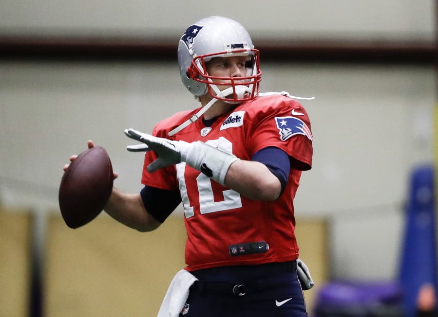 New England Patriots quarterback Tom Brady throws during a practice Wednesday, Jan. 31, 2018, in Minneapolis. The Patriots are scheduled to face the Philadelphia Eagles in the NFL Super Bowl 52 football game Sunday, Feb. 4.