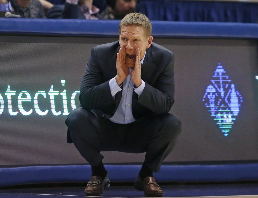 Gonzaga coach Mark Few shouts to his team during the second half of an NCAA college basketball game against BYU on Saturday, Feb. 24, 2018, in Provo, Utah. Gonzaga won 79-65.