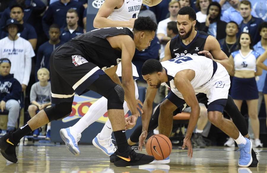 Gonzaga forward Johnathan Williams (3) fights for a loose ball with San Diego guard Isaiah Wright (22) during the first half of an NCAA college basketball game Thursday, Feb. 22, 2018, in San Diego.