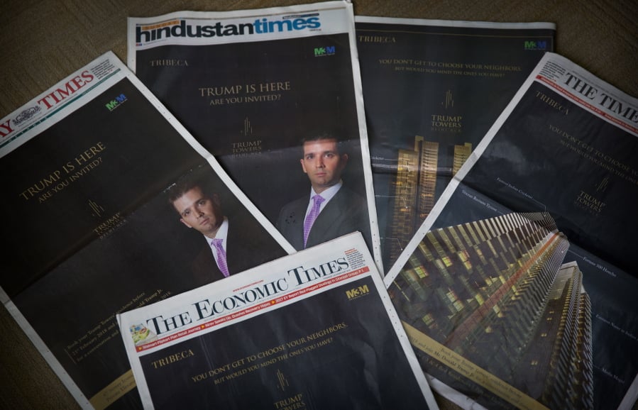 The eldest son of US President Donald Trump, Donald Trump Jr.’s Trump Towers ads are seen in major newspapers in New Delhi, India, on Tuesday. “Trump has arrived. Have you?” shout the barrage of glossy front-page advertisements in almost every major Indian newspaper. The ads, which have run repeatedly in the past few days, herald the arrival not of the American president but of his eldest son, Donald Trump Jr., who is in New Delhi to sell luxury apartments and lavish attention on wealthy Indians who have already bought units in a Trump-branded development outside of the Indian capital.