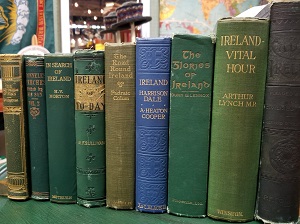 Antique books on Ireland all lined up and ready for St. Patrick's day in March. Taken at Camas Antiques in Camas WA.