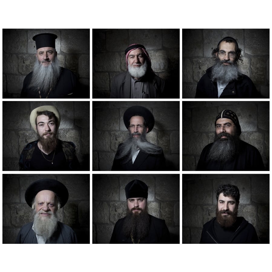 Nine men show their facial hair in Jerusalem’s Old City. For men of all faiths in the holy city, a beard can be an important statement of religious devotion.