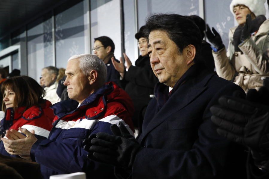 FILE - In this Feb. 9, 2018, file photo, Japanese Prime Minister Shinzo Abe, right, sits alongside Vice President Mike Pence, center, and second lady Karen Pence at the opening ceremony of the 2018 Winter Olympics in Pyeongchang, South Korea, Friday, Feb. 9, 2018. Pence was all set to hold a history-making meeting with North Korean officials during the Winter Olympics in South Korea, but Kim Jong Un’s government canceled at the last minute, the Trump administration said Tuesday, Feb. 20.