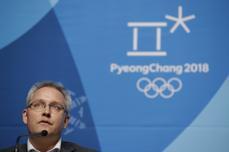 Matthieu Reeb, CAS Secretary General, speaks during a press conference about Russian athletes who are challenging the decisions taken by the Disciplinary Commission of the International Olympic Committee ahead of the 2018 Winter Olympics in Pyeongchang, South Korea, on Thursday.