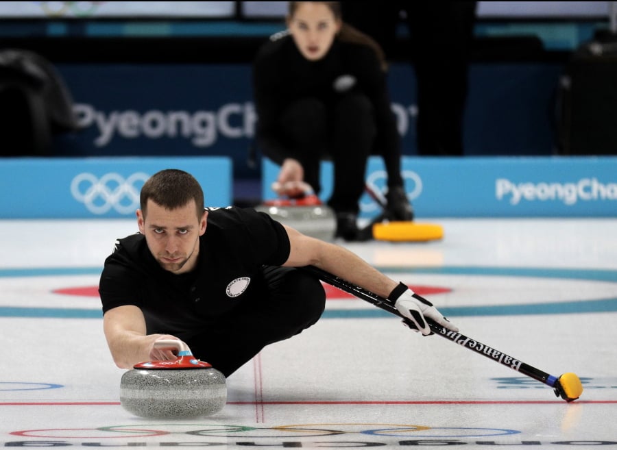 Russian curler Alexander Krushelnitsky practices ahead of the 2018 Winter Olympics in Gangneung, South Korea. Krushelnitsky was stripped of his Olympic bronze medal after admitting to a doping violation at the Pyeongchang Games. Krushelnitsky tested positive for meldonium, which is believed to help blood circulation, after winning bronze in mixed doubles with his wife, Anastasia Bryzgalova.