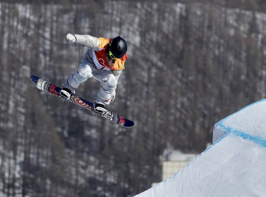Jamie Anderson makes a jumps during the women’s slopestyle final on her way to a gold medal at Phoenix Snow Park in Pyeongchang, South Korea.