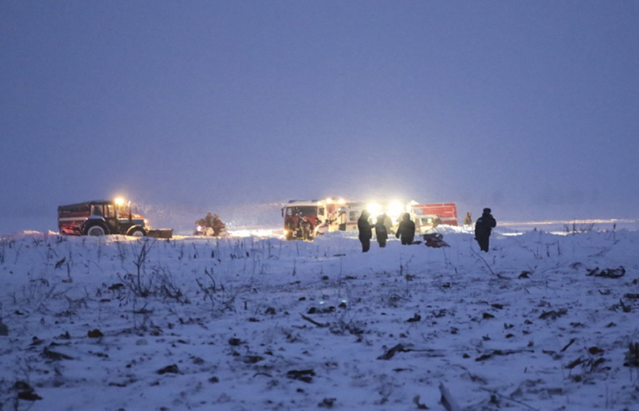 In this photo provided by the Russian Emergency Situations Ministry, Russian Ministry for Emergency Situations employees work at the scene of a AN-148 plane crash in Stepanovskoye village, about 40 kilometers (25 miles) from the Domodedovo airport, Russia, Sunday, Feb. 11, 2018. Russia’s Emergencies Ministry says a passenger plane has crashed near Moscow and fragments of it have been found. Russian officials say all passengers aboard the airliner that has crashed outside Moscow are believed to have been residents of the region that was the plane’s destination. No survivors have been reported.