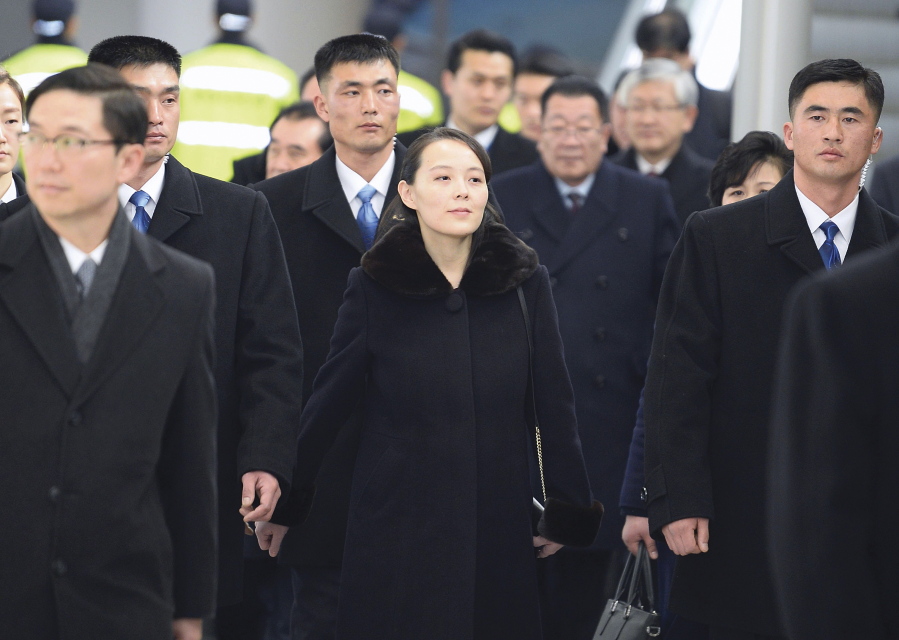 Kim Yo Jong, center, sister of North Korean leader Kim Jong Un, arrives at the Incheon International Airport in Incheon, South Korea, Friday, Feb. 9, 2018.
