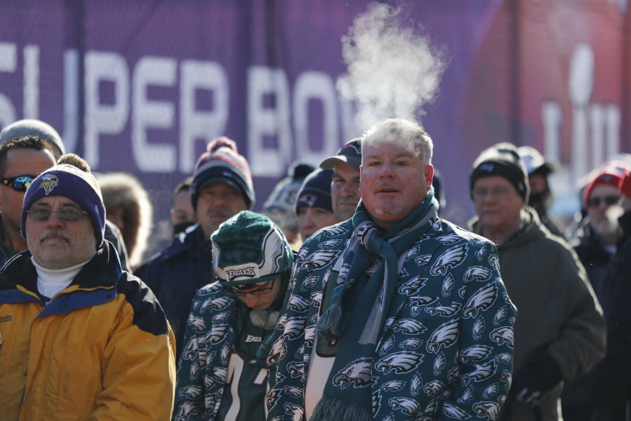 FILE In this Feb. 4, 2018 file photo fans brave cold temperatures as they wait to get into U.S. Bank Stadium before the NFL Super Bowl 52 football game between the Philadelphia Eagles and the New England Patriots Sunday, Feb. 4, 2018, in Minneapolis. The extreme cold that settled over Minneapolis during the Super Bowl has some wondering if the NFL’s marquee event will ever return. Despite some complaints about the weather, many who attended say it wasn’t a negative. The NFL has used the Super Bowl as a reward for municipalities that pump public money into new venues. The next four Super Bowls will be held at warm-weather sites, all of them with new or recently renovated stadiums.