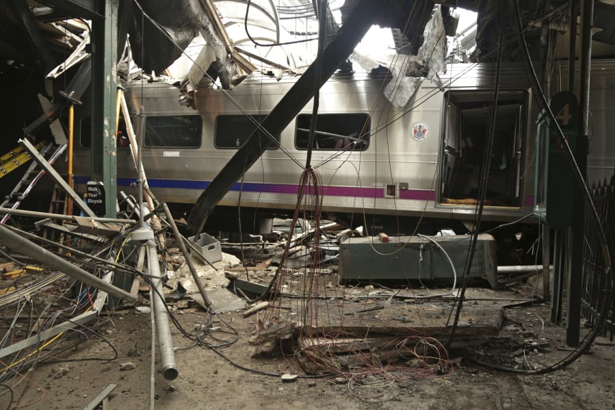 Damage done to the Hoboken Terminal in Hoboken, N.J., after a commuter train crash.