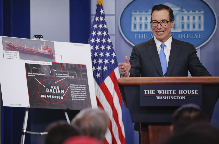 Treasury Secretary Steve Mnuchin speaks during a press briefing at the White House in Washington, Friday, Feb. 23, 2018. The Trump administration announced new sanctions on more than 50 vessels, shipping companies and trade businesses in its latest bid to pressure North Korea over its nuclear program.