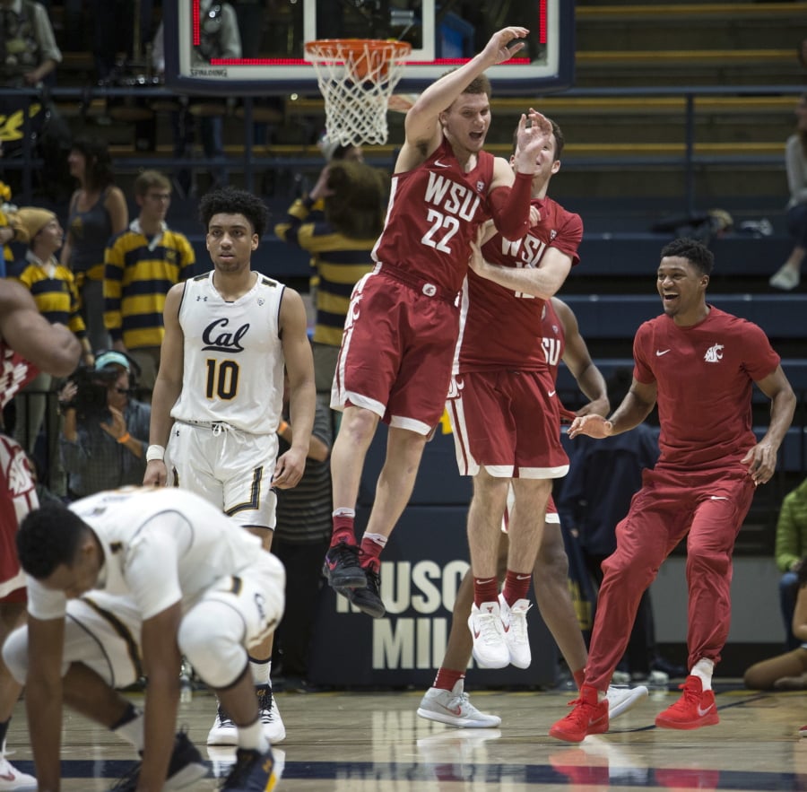 Washington State players celebrate a 78-76 win over California in an NCAA college basketball game Thursday, Feb. 22, 2018, in Berkeley, Calif. (AP Photo/D.
