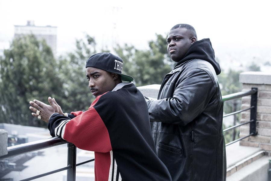 Marcc Rose as Tupac Shakur, left, and Wavyy Jonez as Christopher “Biggie” Wallace in “Unsolved: The Murders of Tupac Shakur and the Notorious B.I.G.” Isabella Vosmikova/USA Network