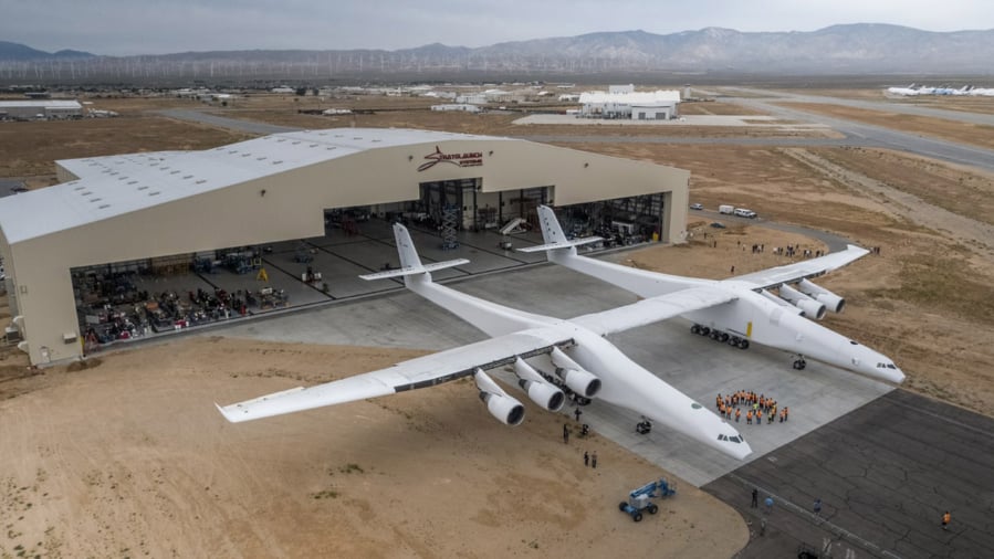 Paul Allen’s Stratolaunch airplane emerges from its hangar May 31, 2017, in Mojave, Calif. Courtesy of Stratolaunch Systems Corp.