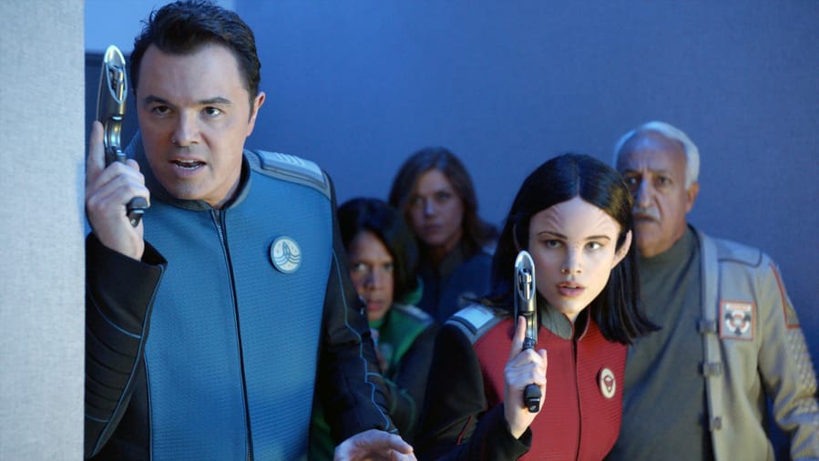 Seth MacFarlane, from left, Penny Johnson Jerald, Adrianne Palicki, Halston Sage and Brian George in “The Orville.” Fox