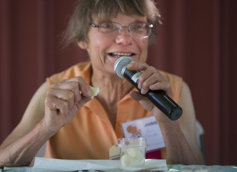 Mary Rosenblum, judge for the dairy goat cheese contest at the Clark County Fair, talks about the mozzarella cheese in August. Rosenblum died in a plane crash Sunday near Daybreak Field.