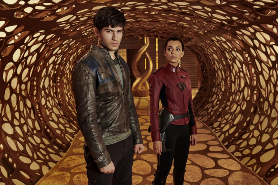 Seg-El (played by Cameron Cuffe), left, and Lyta-Zod (Georgina Campbell) are two Kryptonians living their hot, sexy years a couple of generations before the big boom in Syfy’s “Krypton.” Gavin Bond/Syfy